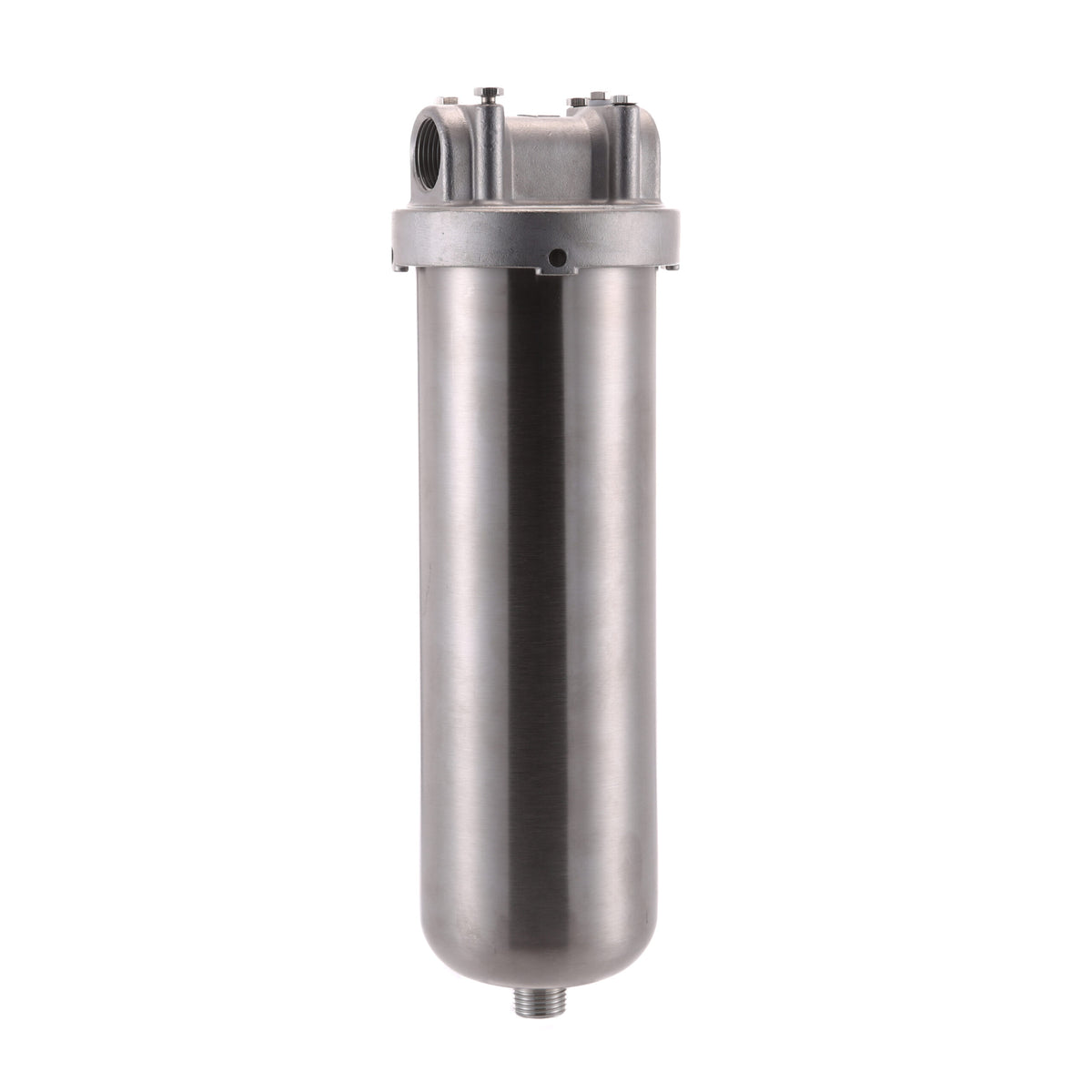 304 stainless steel cartridge filter housing with bottom drain, 2.5 in x 10 in, threaded lid, threaded ports