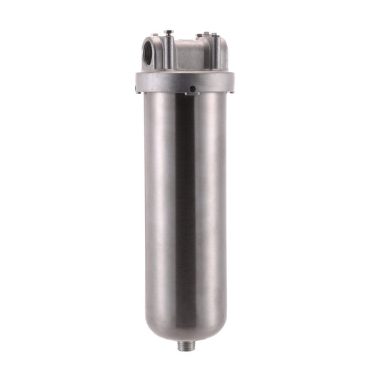 304 stainless steel cartridge filter housing with bottom drain, 2.5 in x 10 in, threaded lid, threaded ports