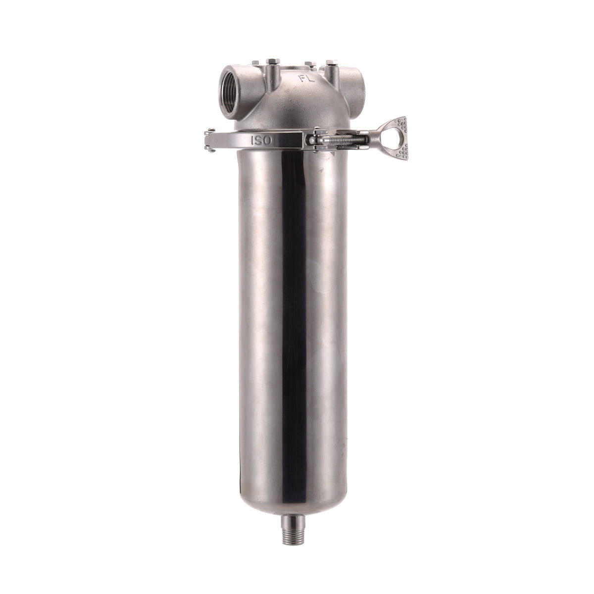 304 stainless steel cartridge filter housing with clamp closure and bottom drain, 2.5 in x 10 in, threaded ports
