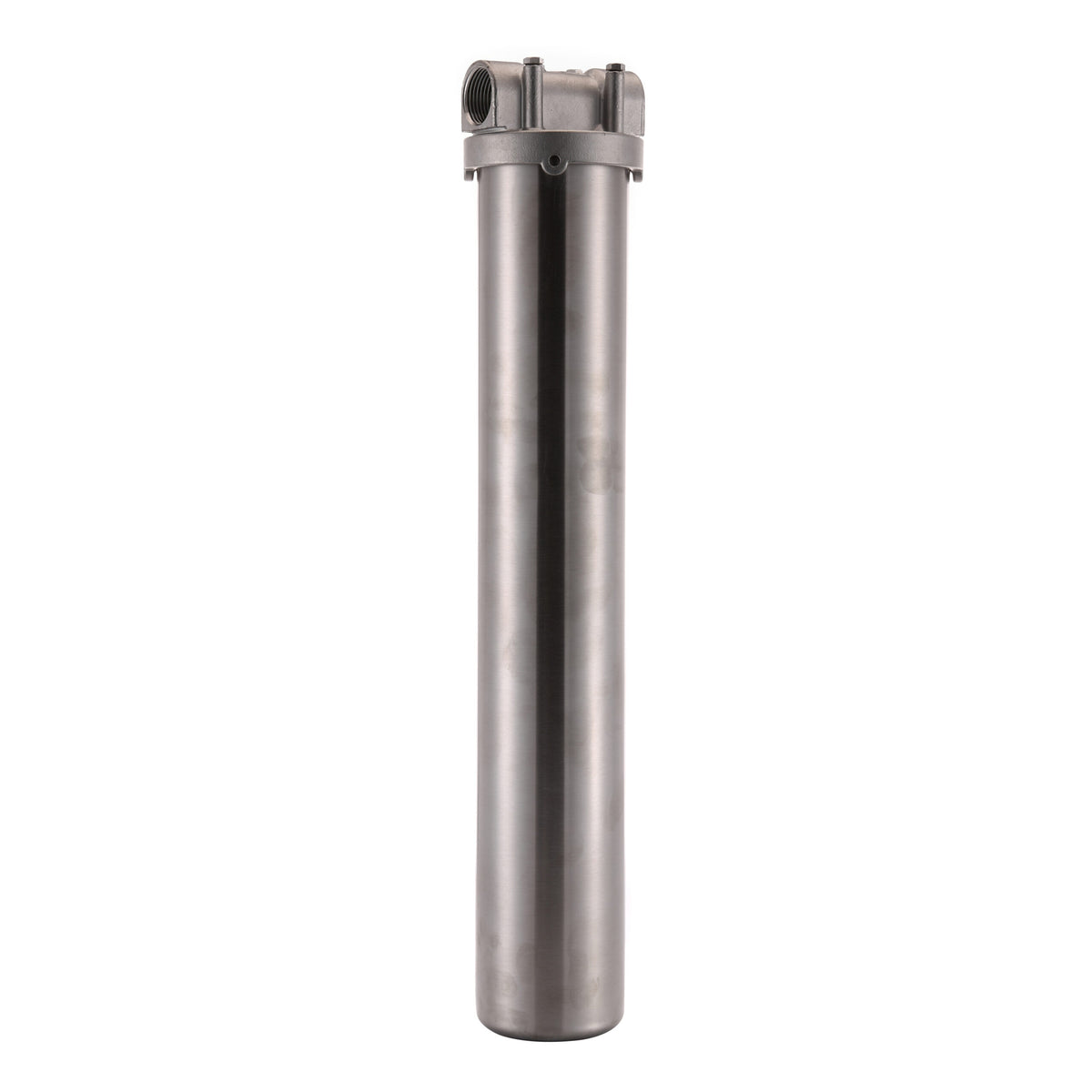 304 stainless steel cartridge filter housing, flat bottom with no drain, 2.5 in x 20 in, threaded lid, threaded ports