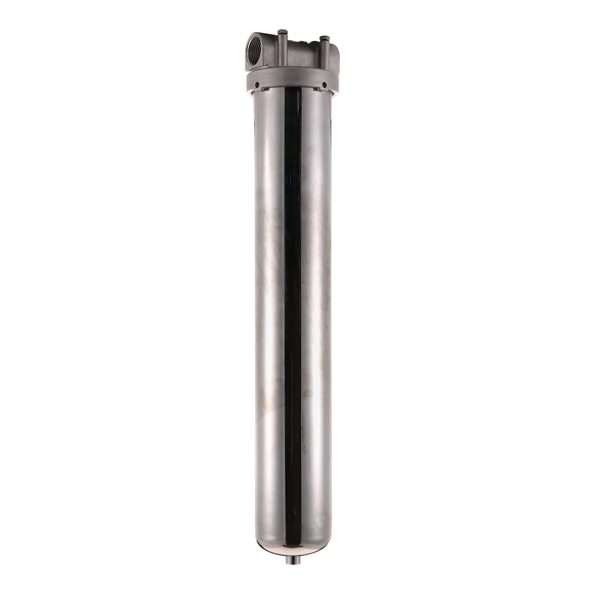 304 stainless steel cartridge filter housing with bottom drain, 2.5 in x 20 in, threaded lid, threaded ports