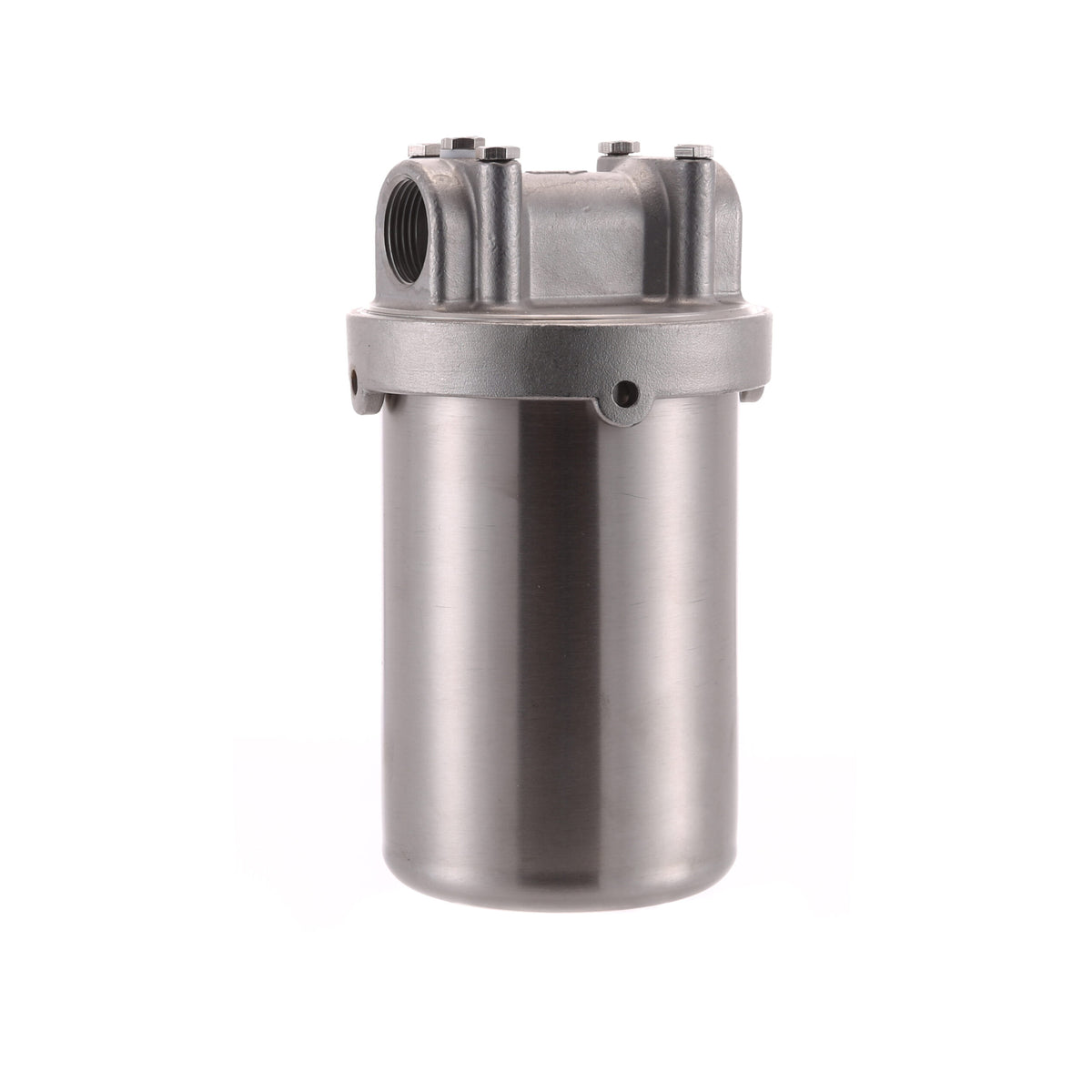 304 stainless steel cartridge filter housing, flat bottom with no drain, 2.5 in x 5 in, threaded lid, threaded ports