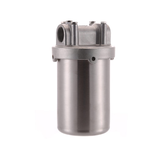 304 stainless steel cartridge filter housing, flat bottom with no drain, 2.5 in x 5 in, threaded lid, threaded ports