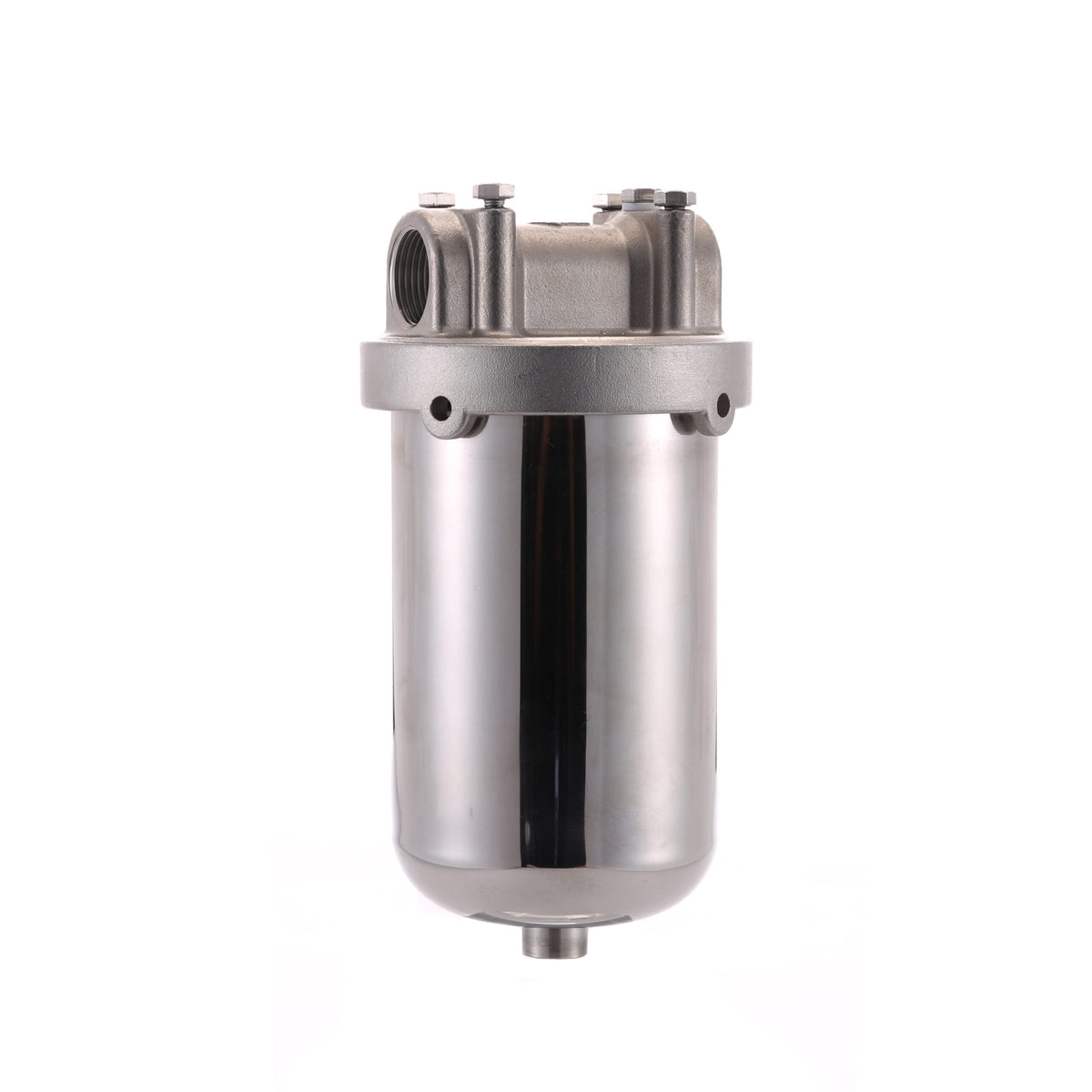 304 stainless steel cartridge filter housing with bottom drain, 2.5 in x 5 in, threaded lid, threaded ports