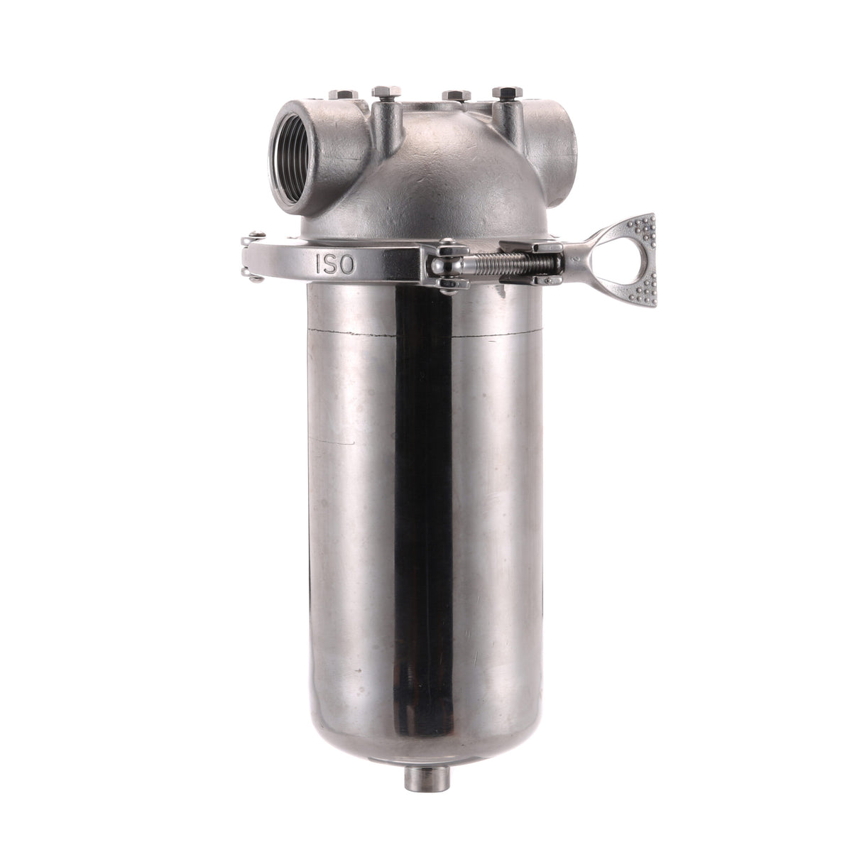 304 stainless steel cartridge filter housing with clamp closure and bottom drain, 2.5 in x 5 in, threaded ports