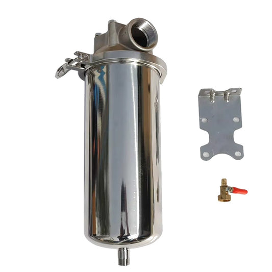 Stainless steel clamp filter housing for 2.5 in cartridges with mounting bracket and drain valve