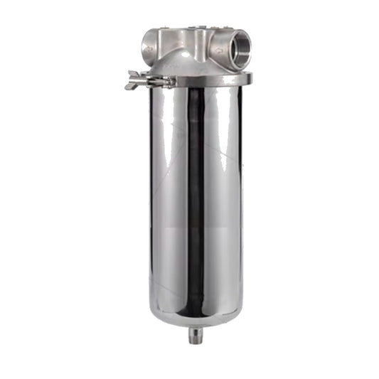 Stainless steel jumbo filter housing for 4.5 in cartridges, clamp closure, threaded ports, bottom drain